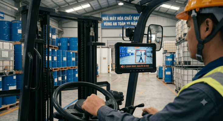 Camera AI xe nâng tự động nhận diện và cảnh báo người đi bộ trong vùng nguy hiểm