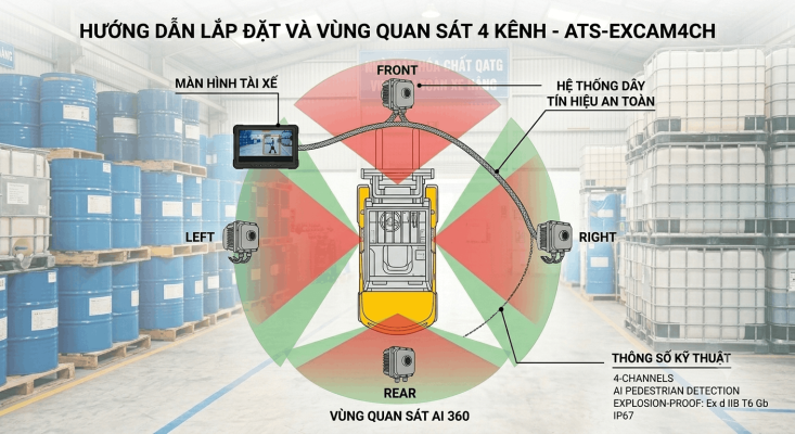 Sơ đồ bố trí và lắp đặt camera 4 kênh xóa điểm mù trên xe nâng hàng